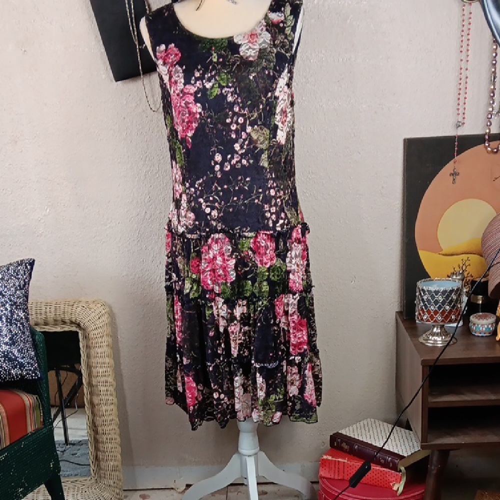 Black Lace Dark Romantic Floral Midi Dress Size 12 Y2k WhimsyGoth Vamp
